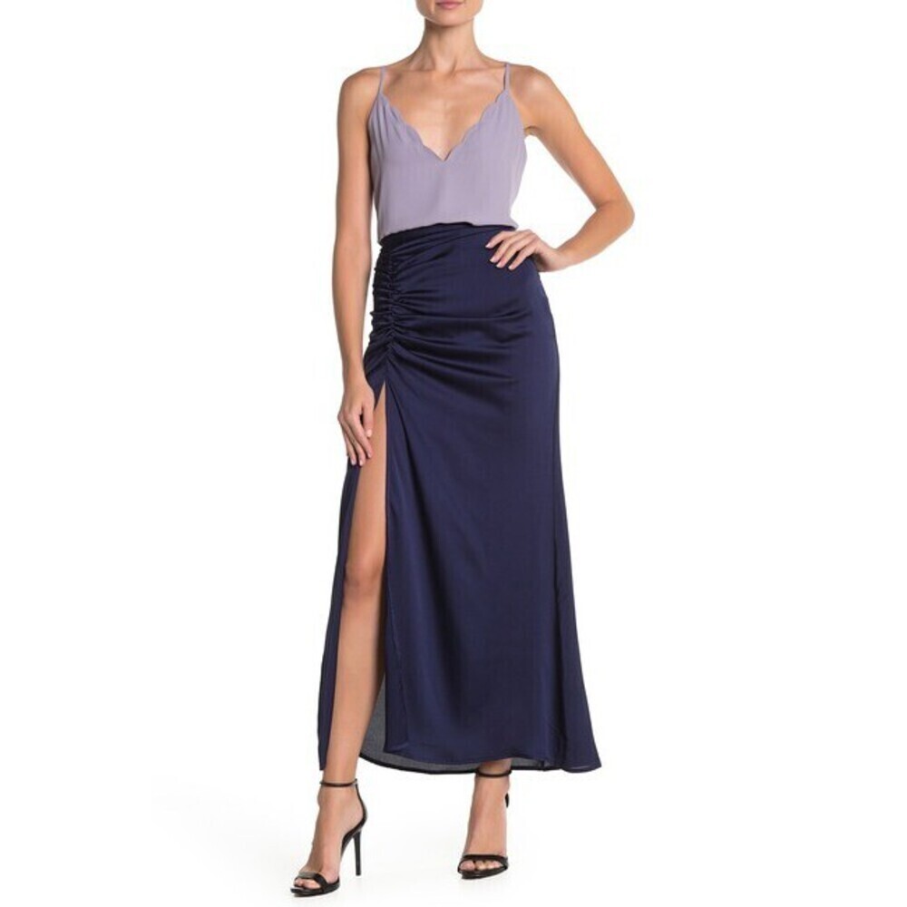 NSR Ruched Slit Maxi Satin Skirt In Navy Made in USA
